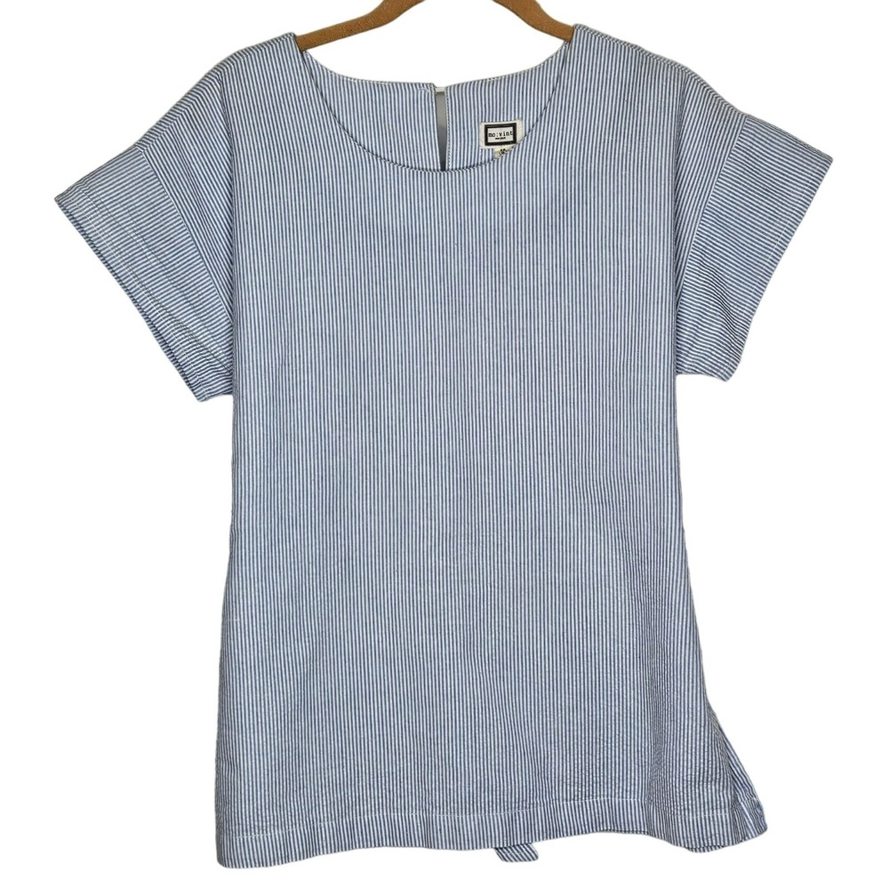 Mo:Vint New York Seersucker Boxy Blue White Striped Cotton Top Back‎ Tie Small